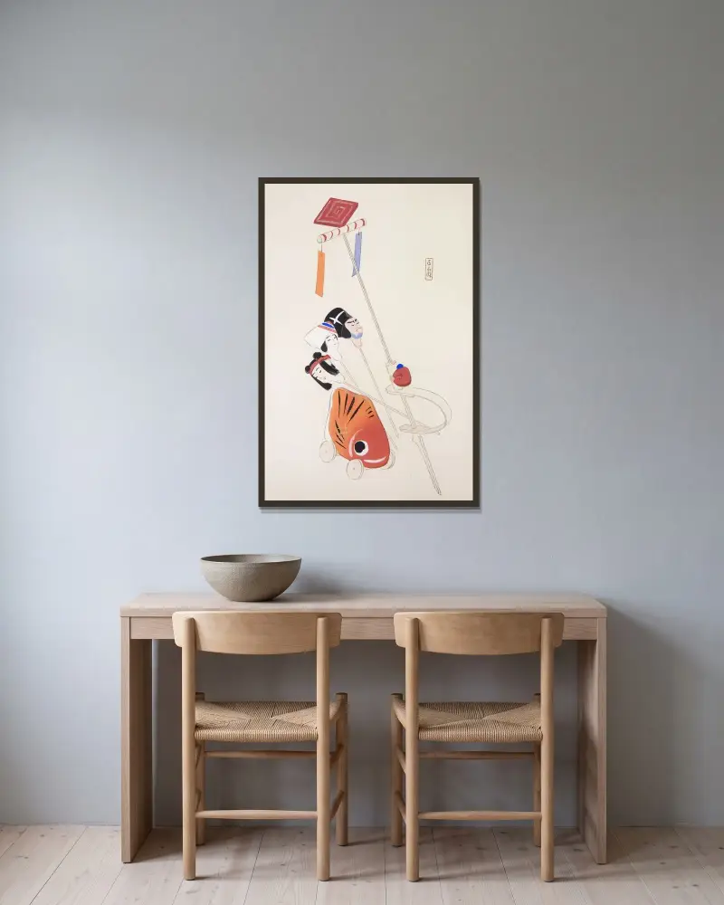 Kyosenovy sebrané ilustrace japonských hraček, tab. 088, Kawasaki Kyosen v rámu na stěně