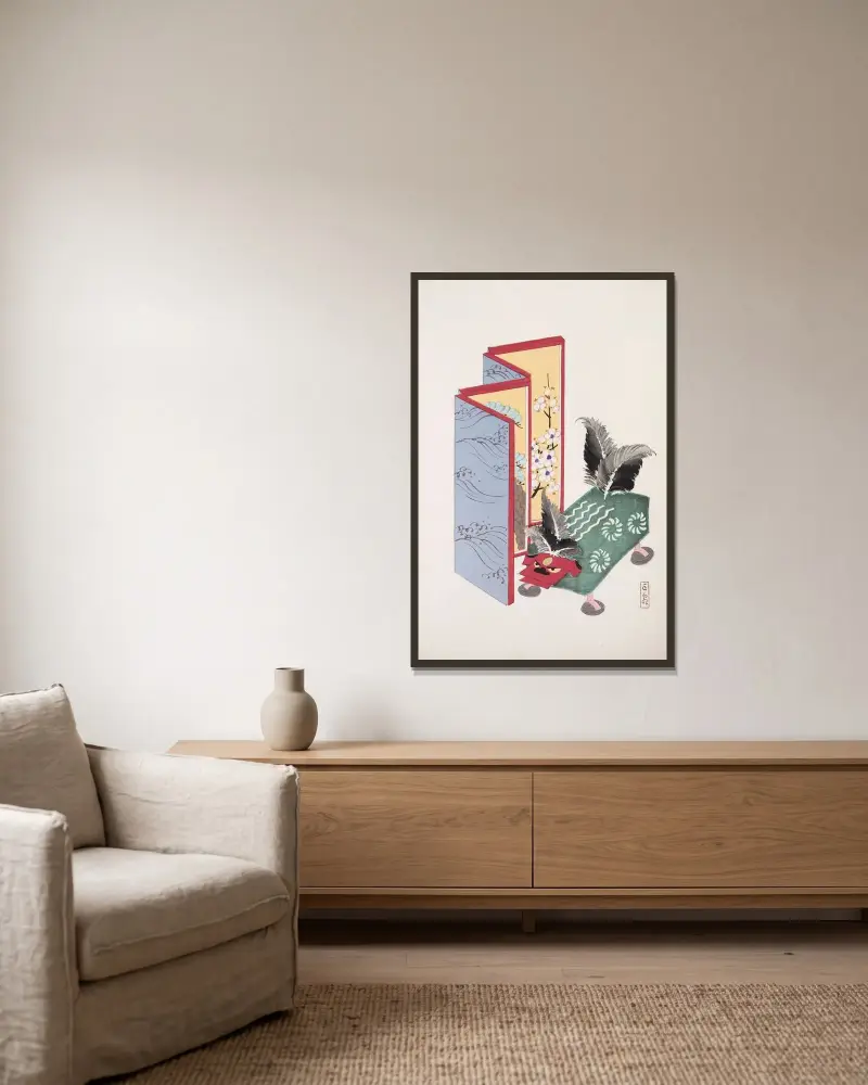 Kyosens gesammelte Illustrationen japanischer Spielzeuge Taf. 089 von Kawasaki Kyosen gerahmt an einer Wand