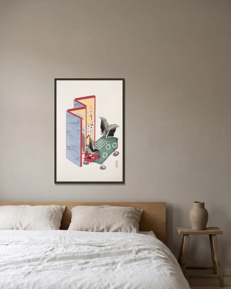 Kyosens gesammelte Illustrationen japanischer Spielzeuge Taf. 089 von Kawasaki Kyosen gerahmt an einer Wand