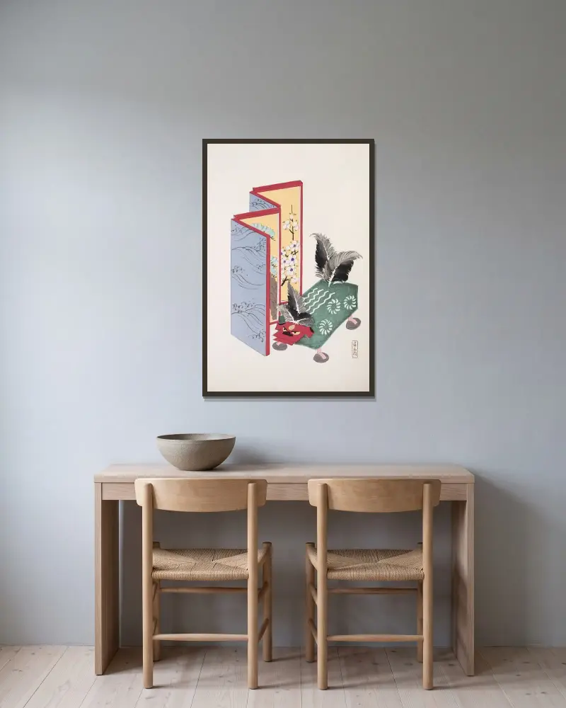 Kyosens gesammelte Illustrationen japanischer Spielzeuge Taf. 089 von Kawasaki Kyosen gerahmt an einer Wand