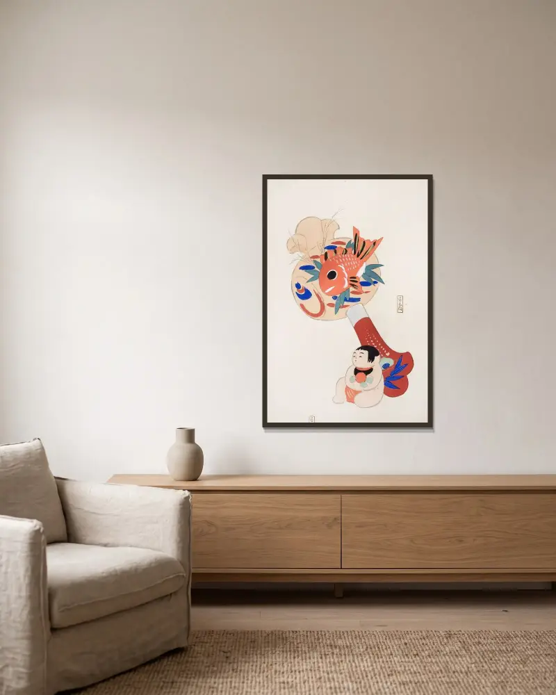 Kyosenovy sebrané ilustrace japonských hraček, tab. 092, Kawasaki Kyosen v rámu na stěně