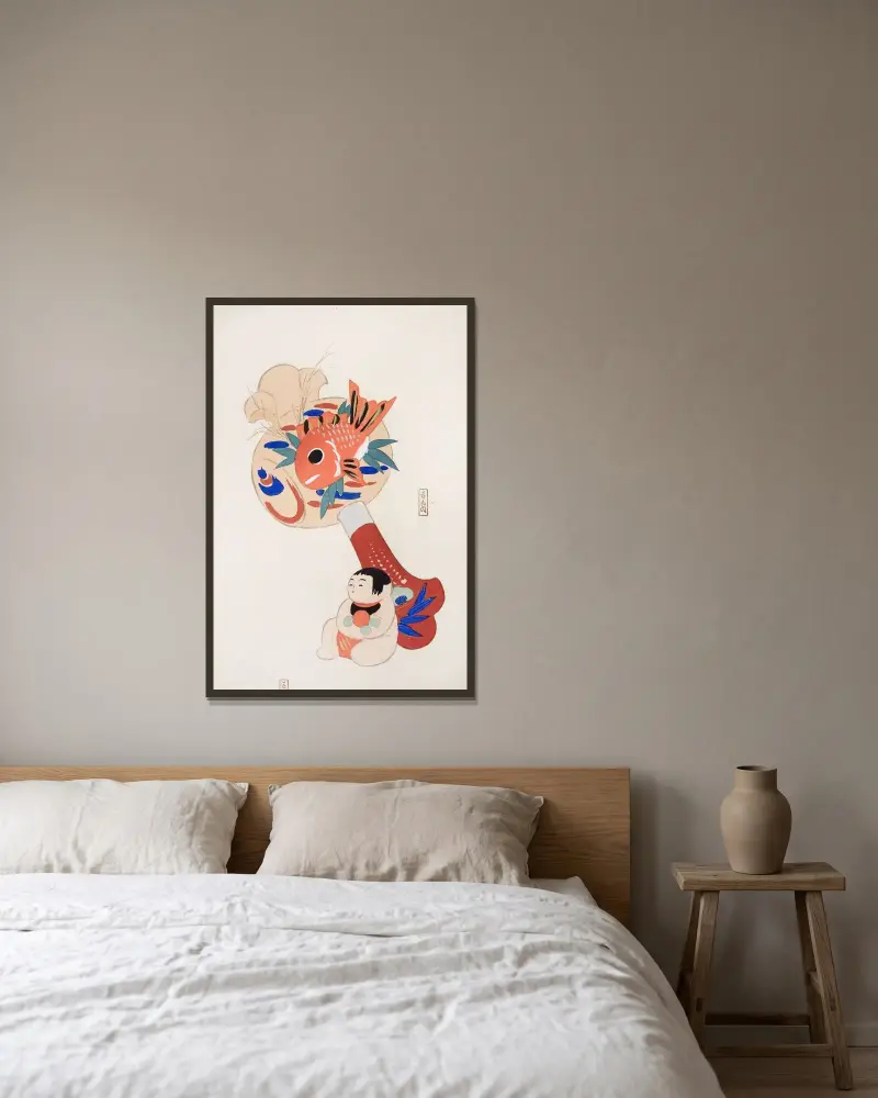Kyosenovy sebrané ilustrace japonských hraček, tab. 092, Kawasaki Kyosen v rámu na stěně