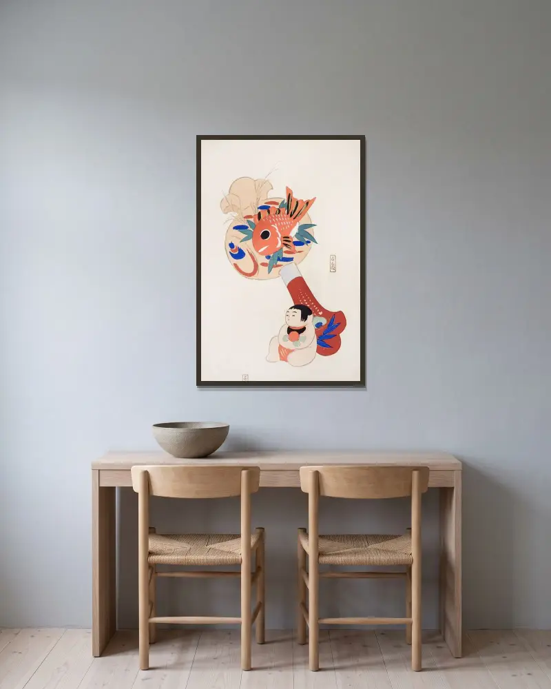 Kyosenovy sebrané ilustrace japonských hraček, tab. 092, Kawasaki Kyosen v rámu na stěně