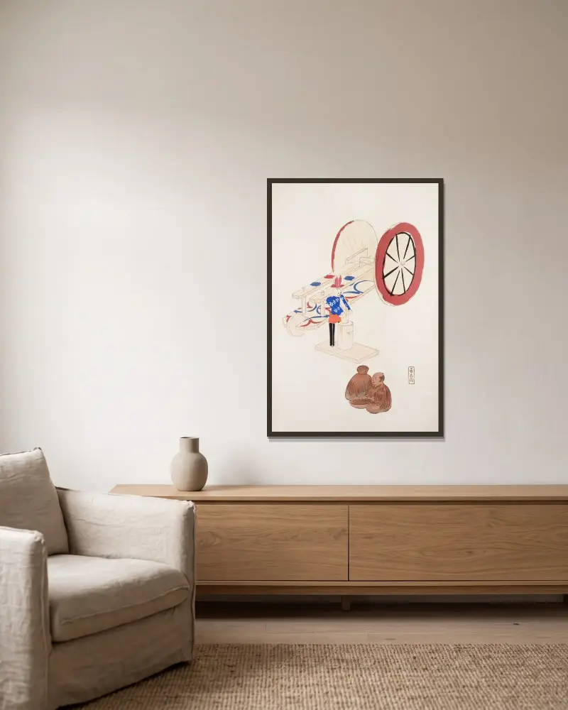 Kyosens gesammelte Illustrationen japanischer Spielzeuge, Taf. 095 von Kawasaki Kyosen gerahmt an einer Wand