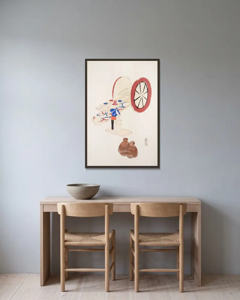 Kyosens gesammelte Illustrationen japanischer Spielzeuge, Taf. 095 von Kawasaki Kyosen gerahmt an einer Wand
