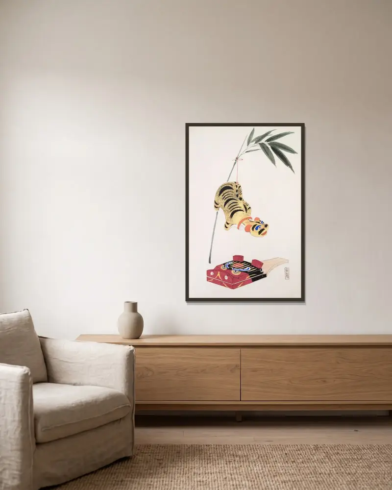 Kyosens gesammelte Illustrationen japanischer Spielzeuge, Taf. 98 von Kawasaki Kyosen gerahmt an einer Wand
