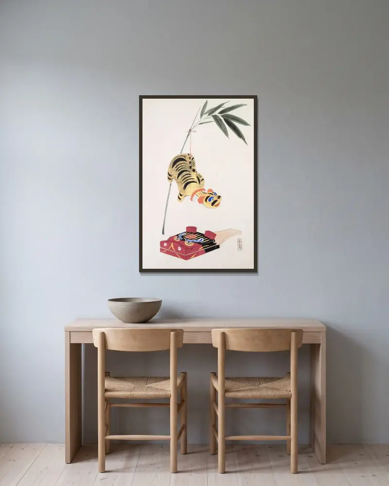 Kyosens gesammelte Illustrationen japanischer Spielzeuge, Taf. 98 von Kawasaki Kyosen gerahmt an einer Wand
