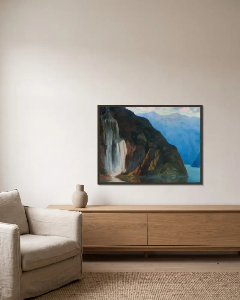 Landschaft mit Wasserfall von Kazimierz Stabrowski gerahmt an einer Wand