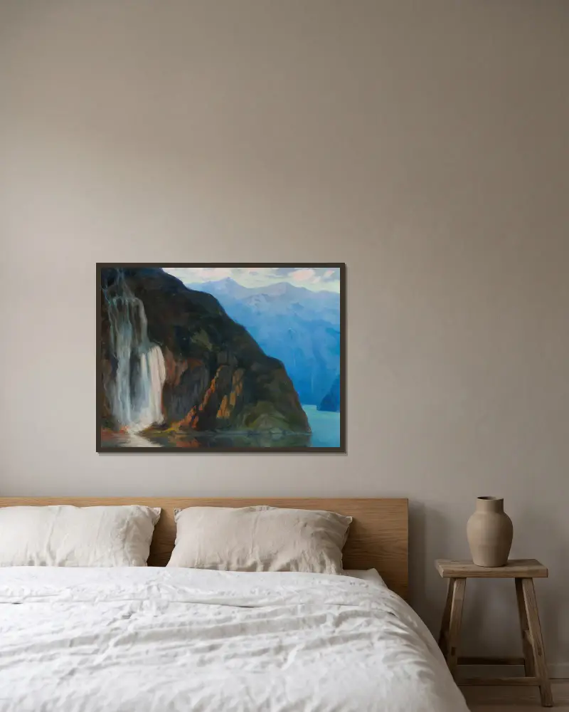 Landschaft mit Wasserfall von Kazimierz Stabrowski gerahmt an einer Wand