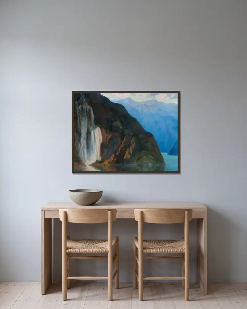 Landschaft mit Wasserfall von Kazimierz Stabrowski gerahmt an einer Wand