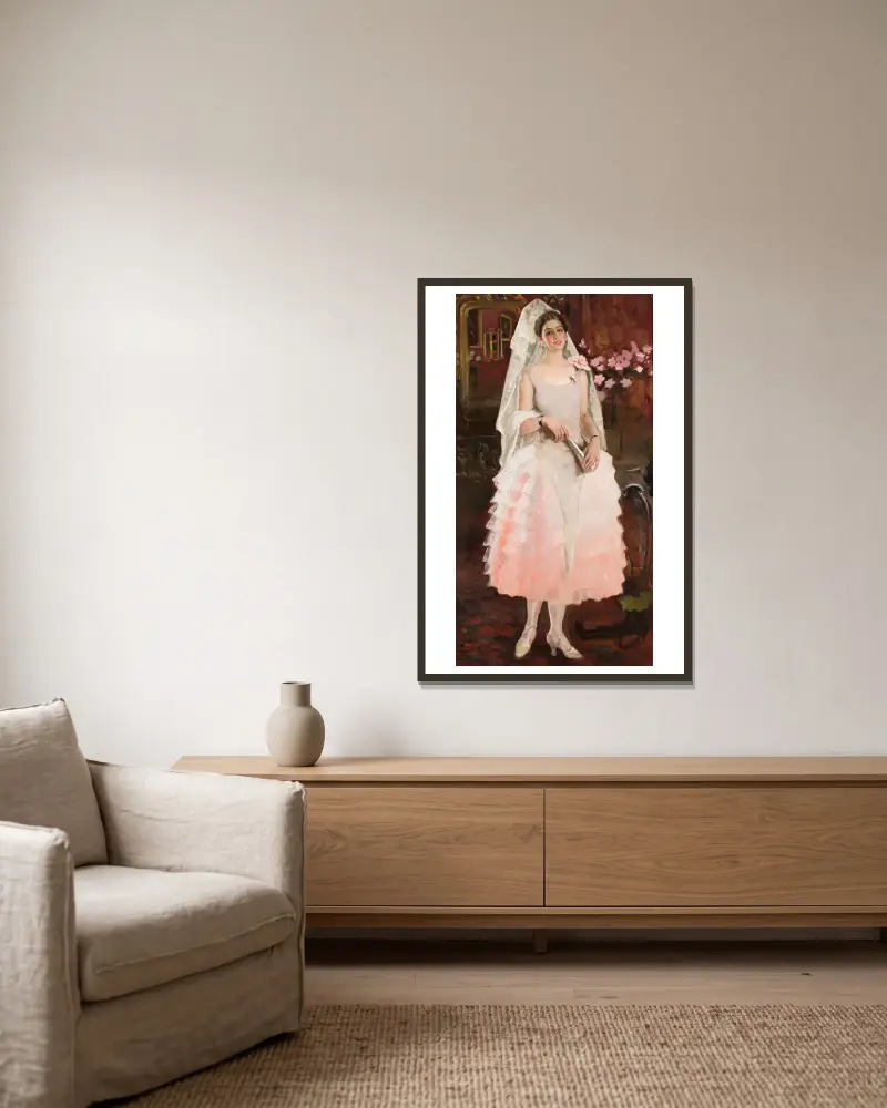 Portrait of a lady in pink dress – Spanish woman av Kazimierz Stabrowski inramad på en vägg