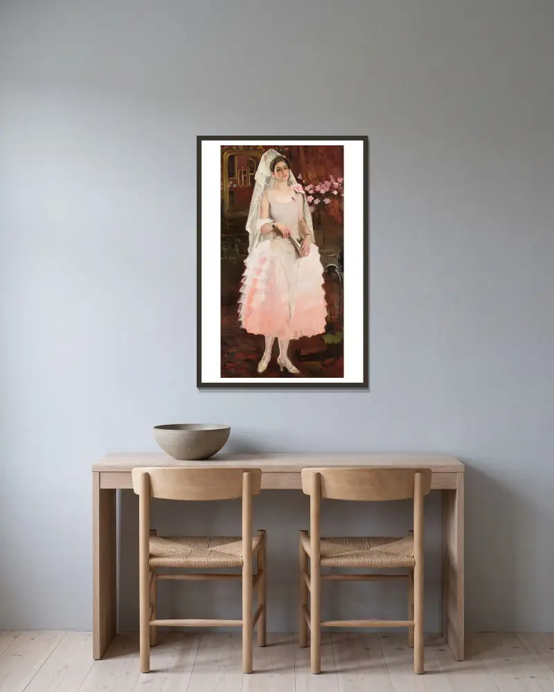 Portrait of a lady in pink dress – Spanish woman av Kazimierz Stabrowski inramad på en vägg