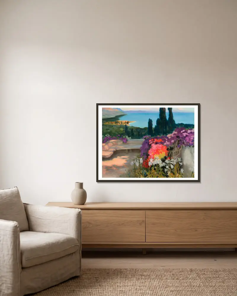 Southern landscape – Taormina av Kazimierz Stabrowski inramad på en vägg