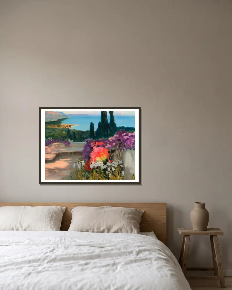 Southern landscape – Taormina av Kazimierz Stabrowski inramad på en vägg