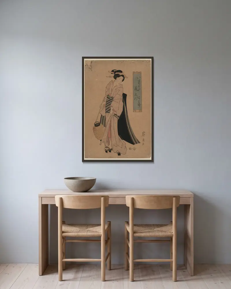Chōchi o motsu onna av Keisai Eisen inramad på en vägg