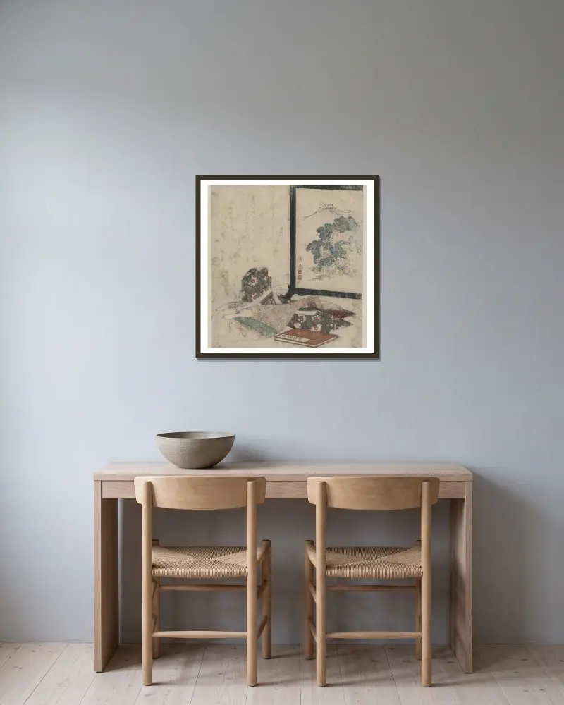 Heike monogatari to biwa to tsuitate av Keisai Eisen inramad på en vägg