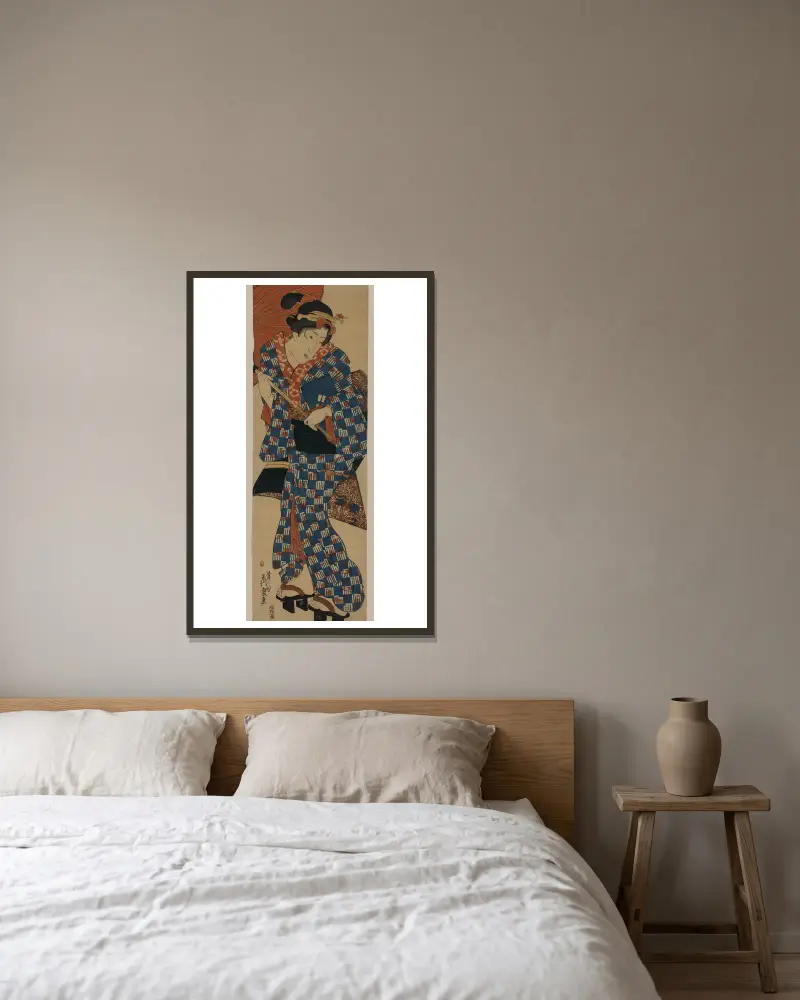 Ein Mädchen auf dem Weg zum Nagauta-Unterricht von Keisai Eisen gerahmt an einer Wand