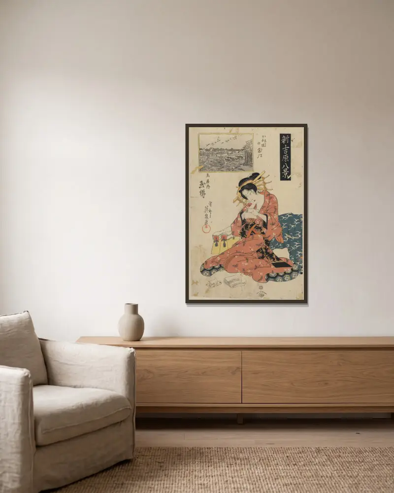 Nihonzutsumi no rakugan tamaya uchi Tamagushi av Keisai Eisen inramad på en vägg