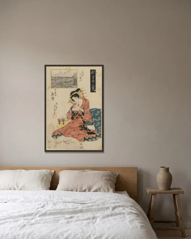 Nihonzutsumi no rakugan tamaya uchi Tamagushi av Keisai Eisen inramad på en vägg