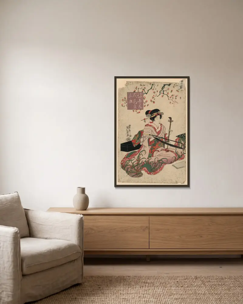 Ukiyo bijin mitate sankyoku av Keisai Eisen inramad på en vägg