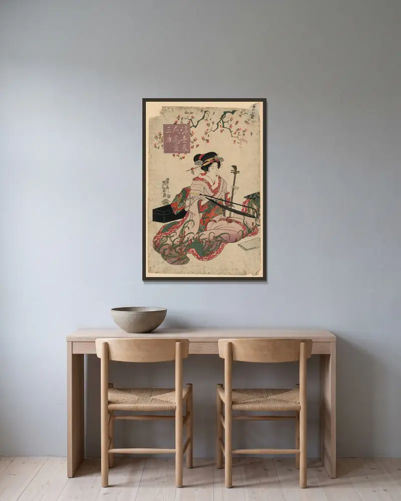 Ukiyo bijin mitate sankyoku av Keisai Eisen inramad på en vägg