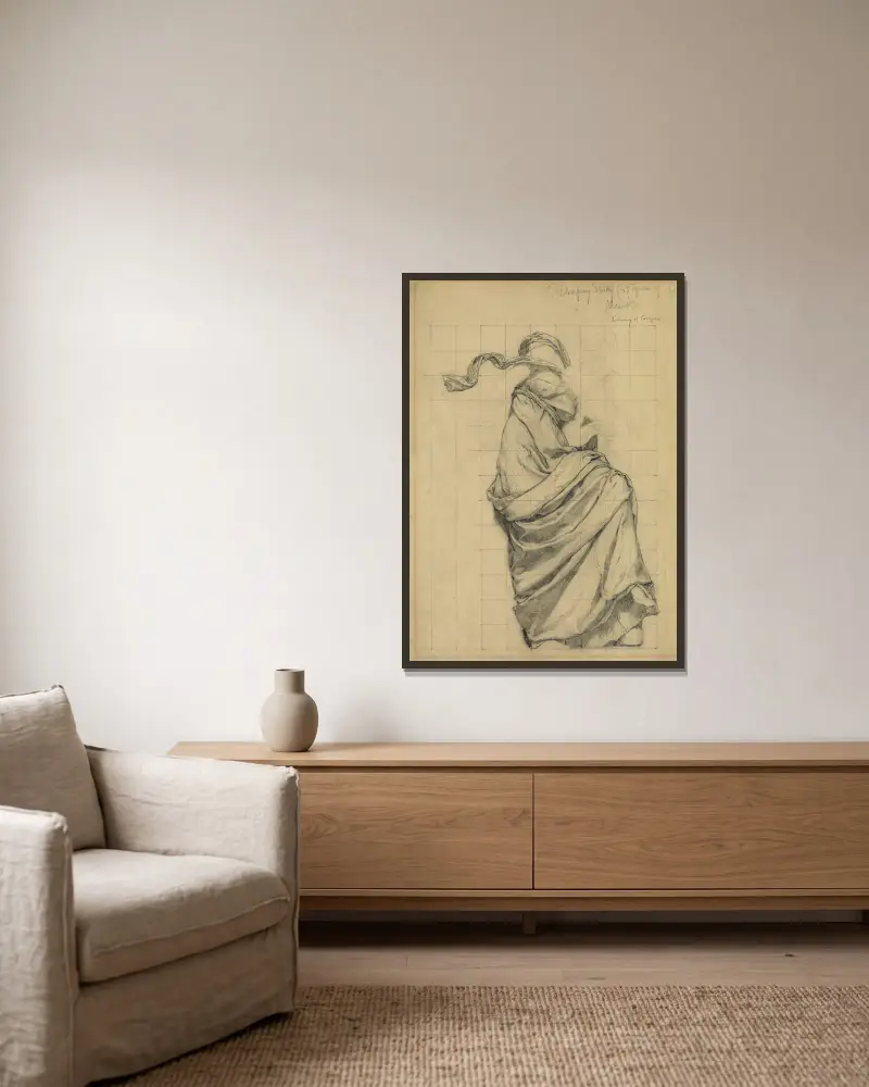 Drapery study for figure of Music av Kenyon Cox inramad på en vägg