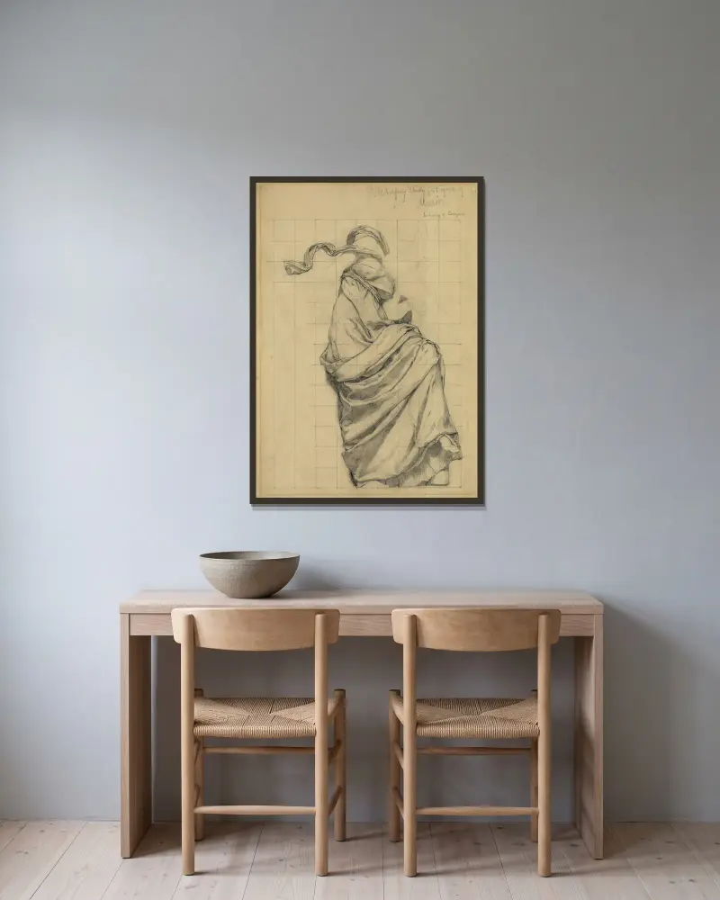 Drapery study for figure of Music av Kenyon Cox inramad på en vägg