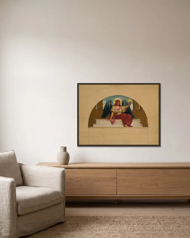 Skizze für das Wandgemälde am Oberlin College, „The Spirit of Self-Sacrificing Love“ von Kenyon Cox gerahmt an einer Wand