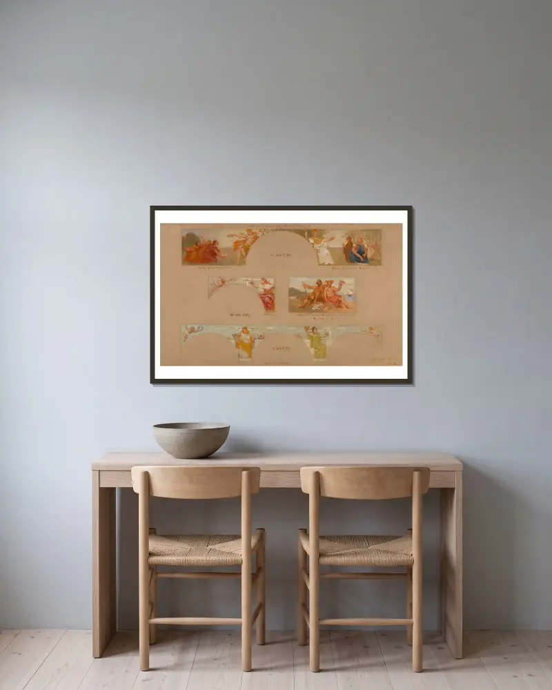 Sketches for a Decoration of a Private Library ‘B’ av Kenyon Cox inramad på en vägg