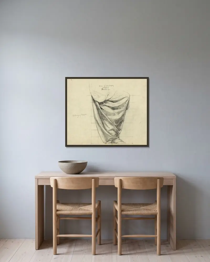 Studie av drapering till figuren Fysik av Kenyon Cox inramad på en vägg