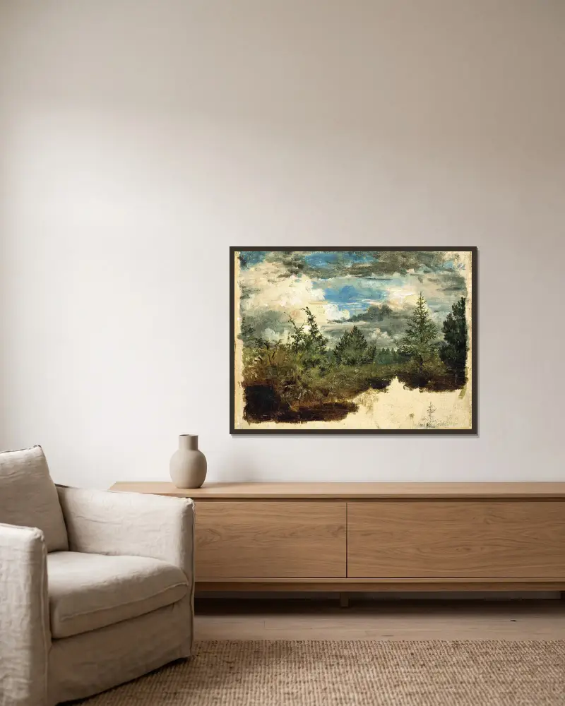 Bewaldeter Hang. Studie von Kilian Zoll gerahmt an einer Wand