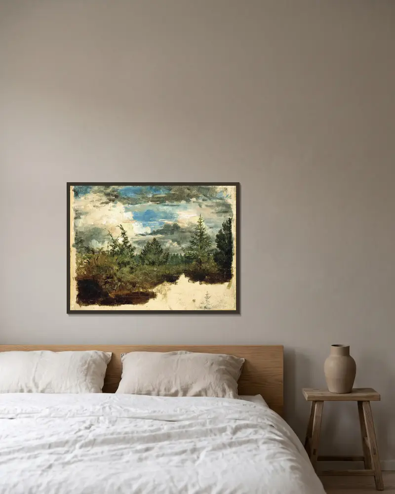 Bewaldeter Hang. Studie von Kilian Zoll gerahmt an einer Wand