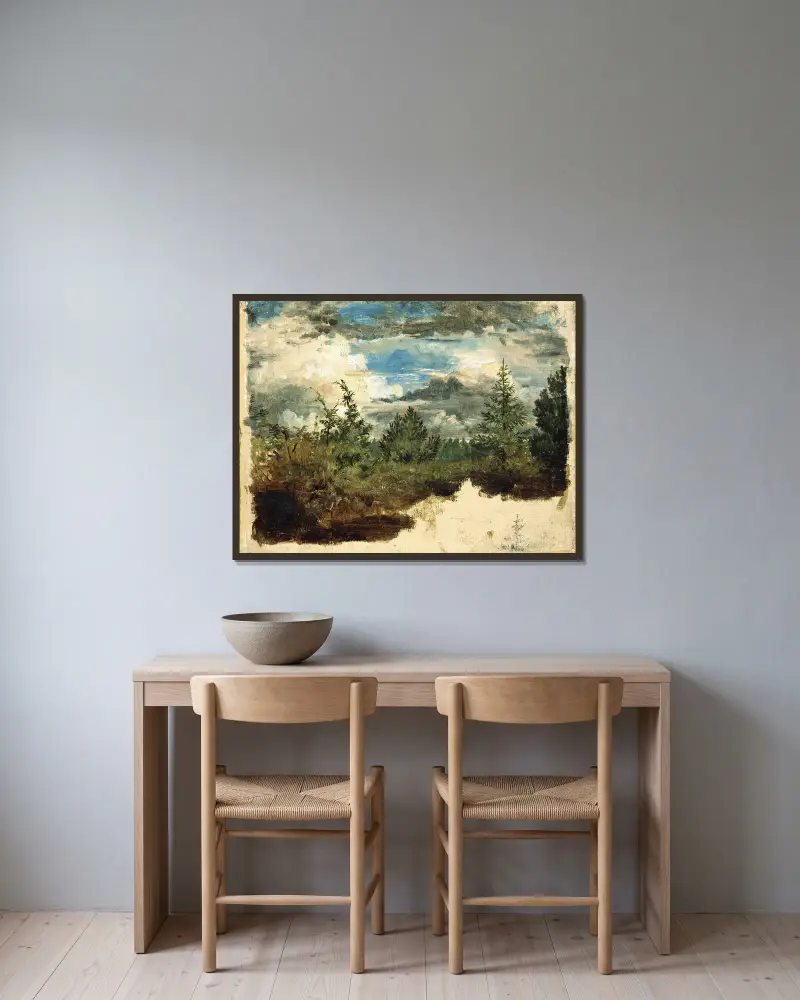 Bewaldeter Hang. Studie von Kilian Zoll gerahmt an einer Wand