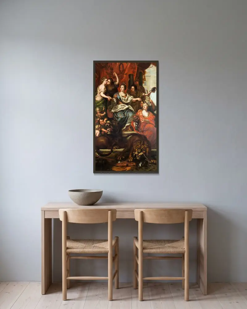 Allegorie auf die friedliche Regierung König Karls XI. von David Klöcker Ehrenstrahl gerahmt an einer Wand