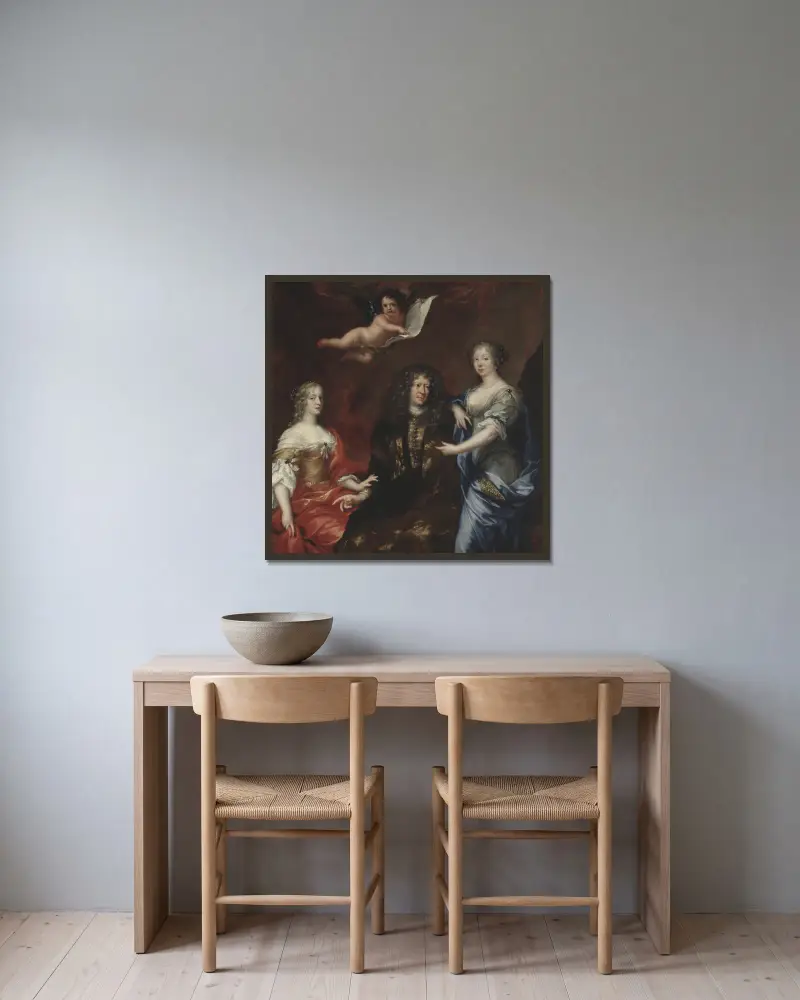 Bengt Horn af Åminne (1623–1678) med sina två fruar Margaretha Sparre och Ingeborg Banér av David Klöcker Ehrenstrahl inramad på en vägg