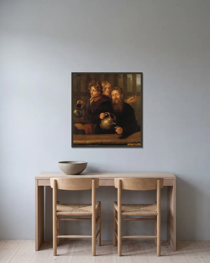 Brunnsmmästaren vid Medevi brunn och hans båda söner av David Klöcker Ehrenstrahl inramad på en vägg