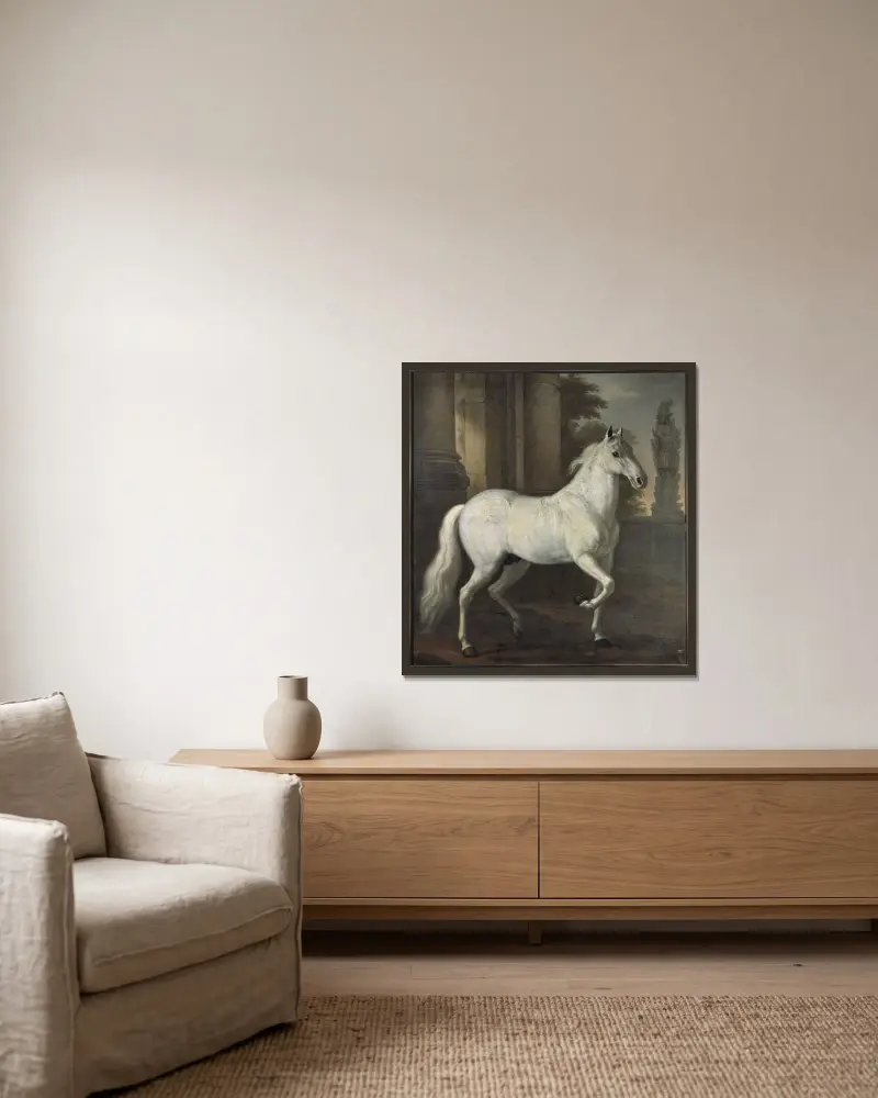 Karl XI’s horse Brilliant av David Klöcker Ehrenstrahl inramad på en vägg