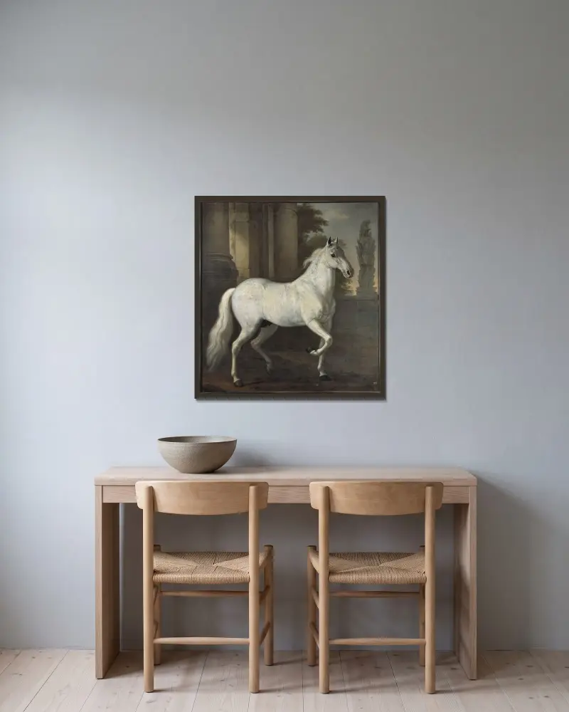 Karl XI’s horse Brilliant av David Klöcker Ehrenstrahl inramad på en vägg