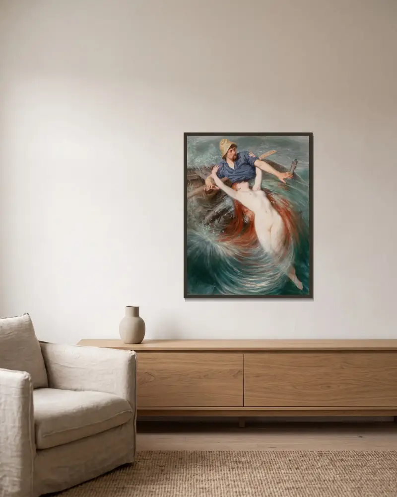 A fisherman engulfed by a siren av Knut Ekwall inramad på en vägg
