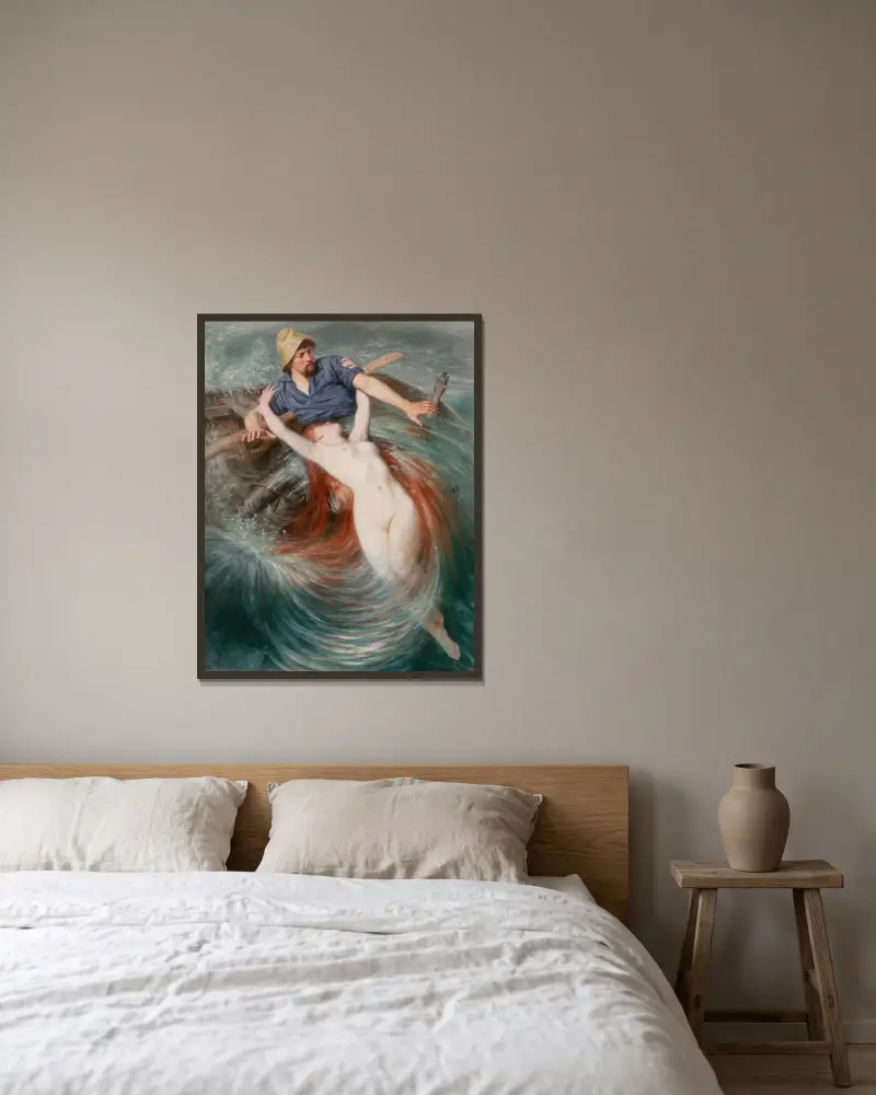 A fisherman engulfed by a siren av Knut Ekwall inramad på en vägg