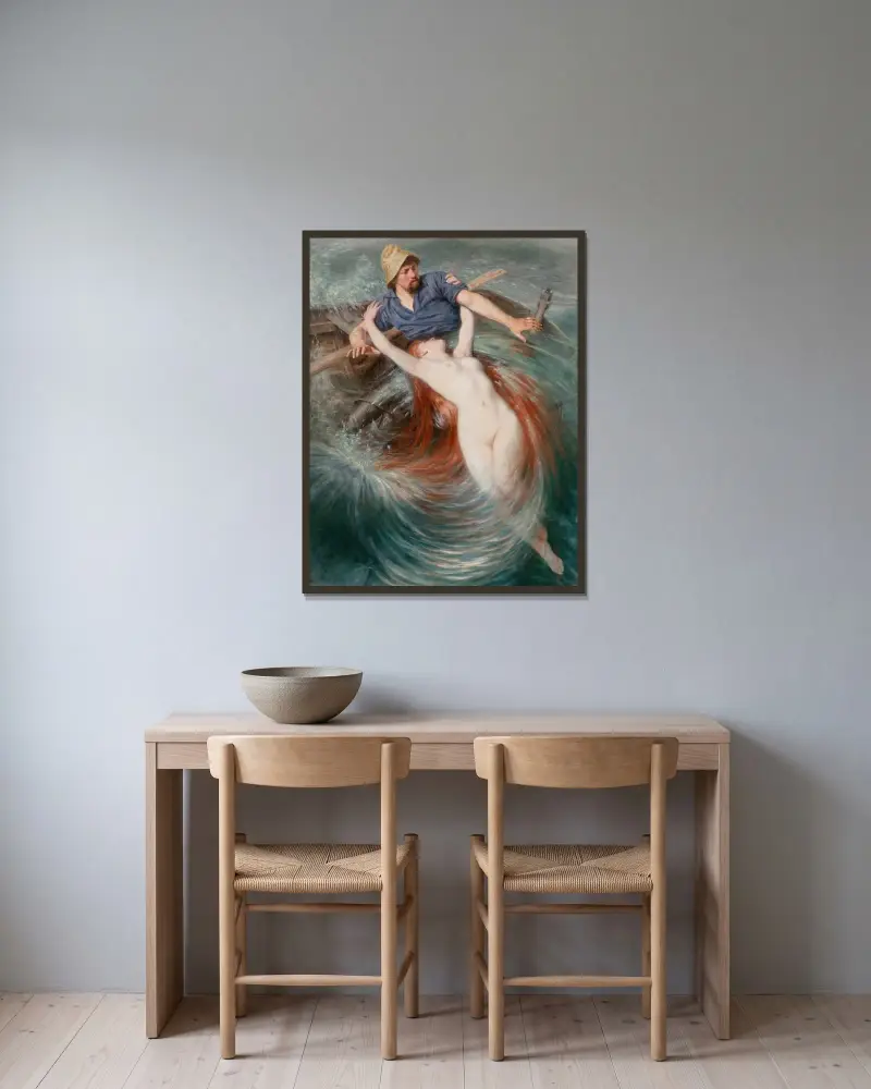 A fisherman engulfed by a siren av Knut Ekwall inramad på en vägg