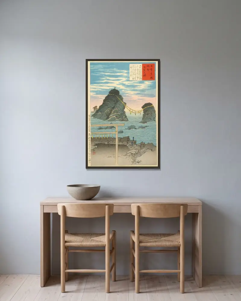 Futamigaura, the Wedded Rocks av Kobayashi Kiyochika inramad på en vägg