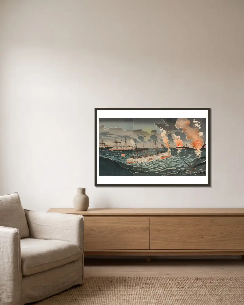 Great Victory of Our Forces in the Yellow Sea; Number Four av Kobayashi Kiyochika inramad på en vägg