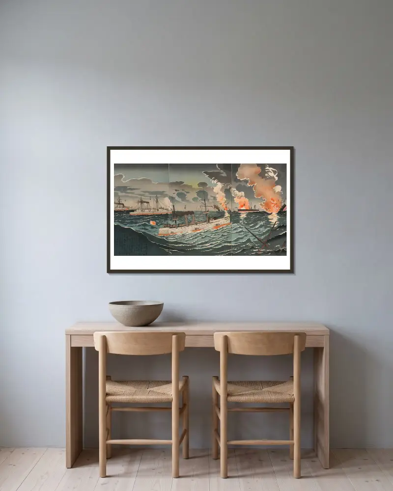 Great Victory of Our Forces in the Yellow Sea; Number Four av Kobayashi Kiyochika inramad på en vägg