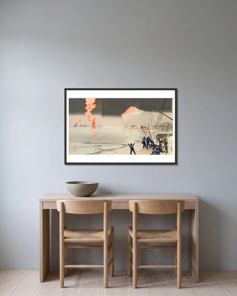 Hurrah for the Great Victory of the Navy of Great Japan at the Naval Battle of Incheon between Japan and Russia av Kobayashi Kiyochika inramad på en vägg
