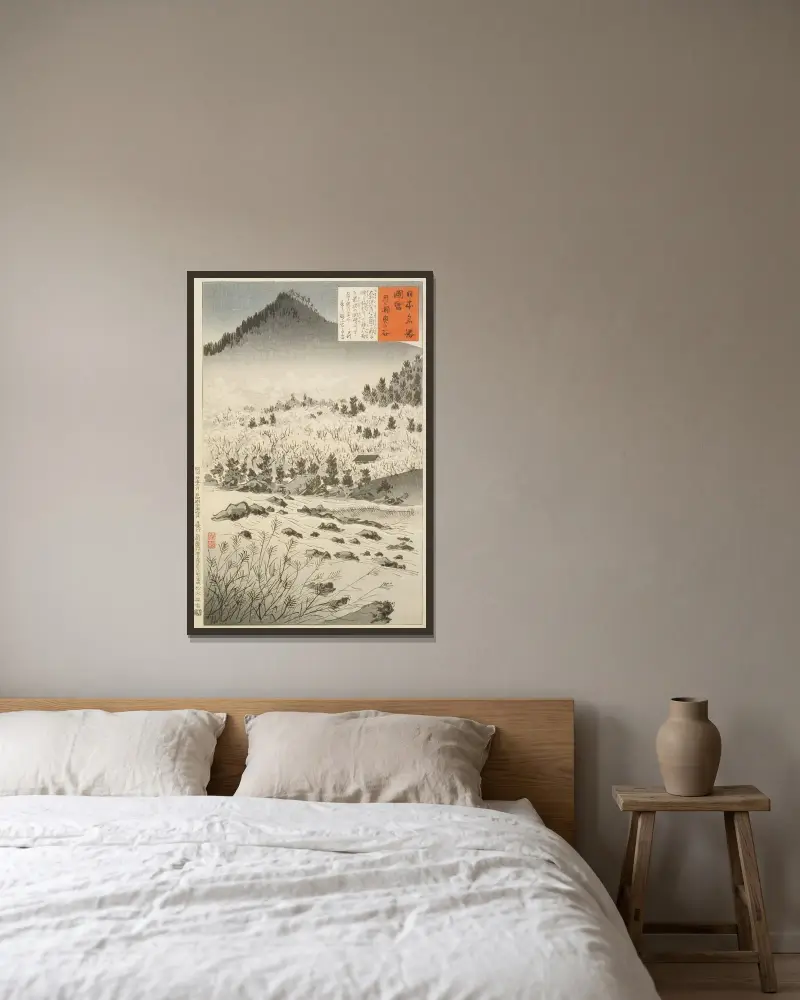 Inneres Tal bei Tsukigase von Kobayashi Kiyochika gerahmt an einer Wand