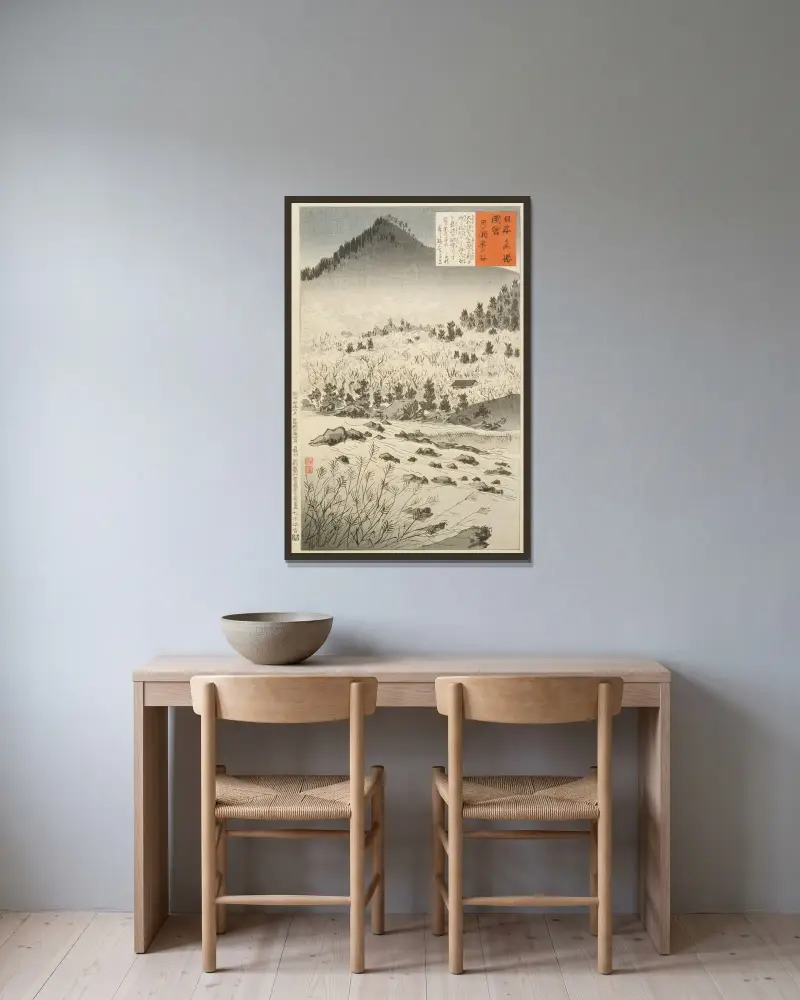 Inneres Tal bei Tsukigase von Kobayashi Kiyochika gerahmt an einer Wand