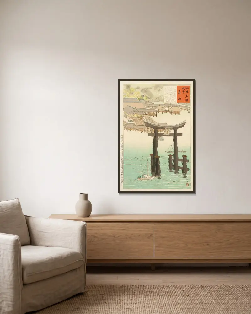 Itsukushima-helgedomen av Kobayashi Kiyochika inramad på en vägg
