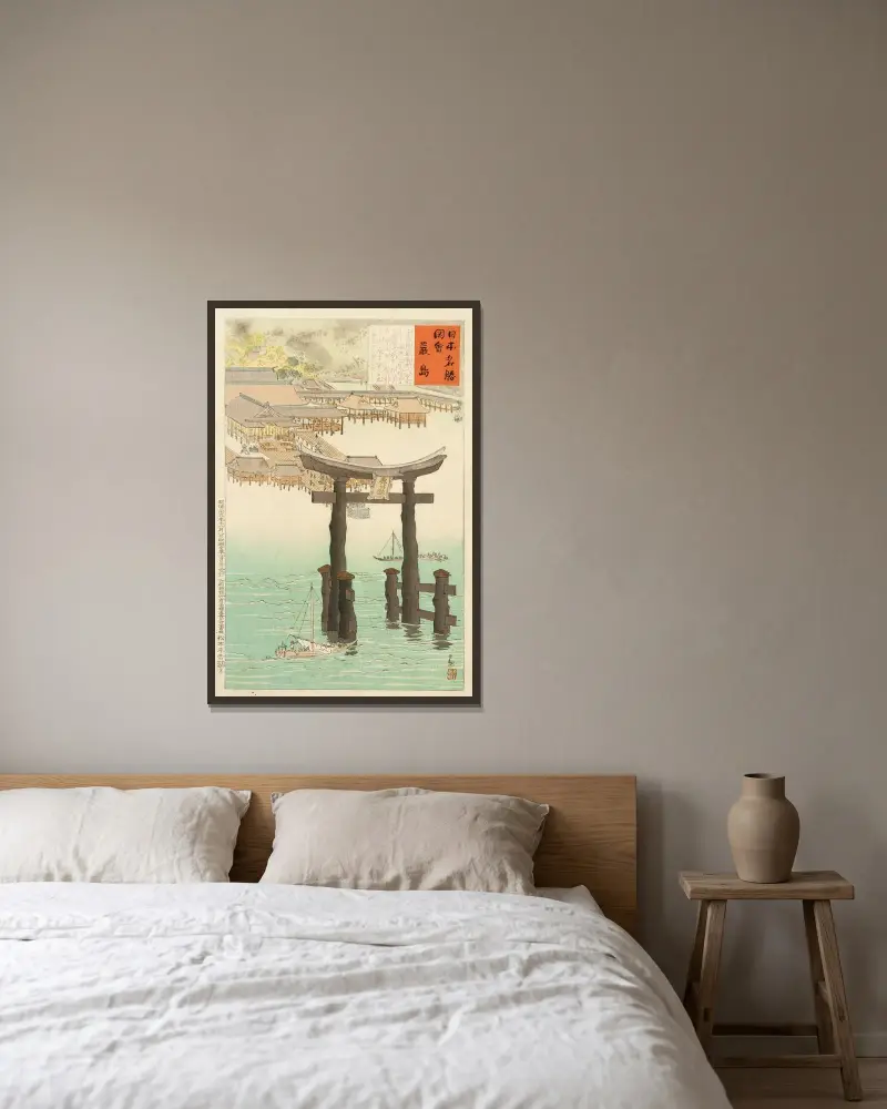 Itsukushima-helgedomen av Kobayashi Kiyochika inramad på en vägg
