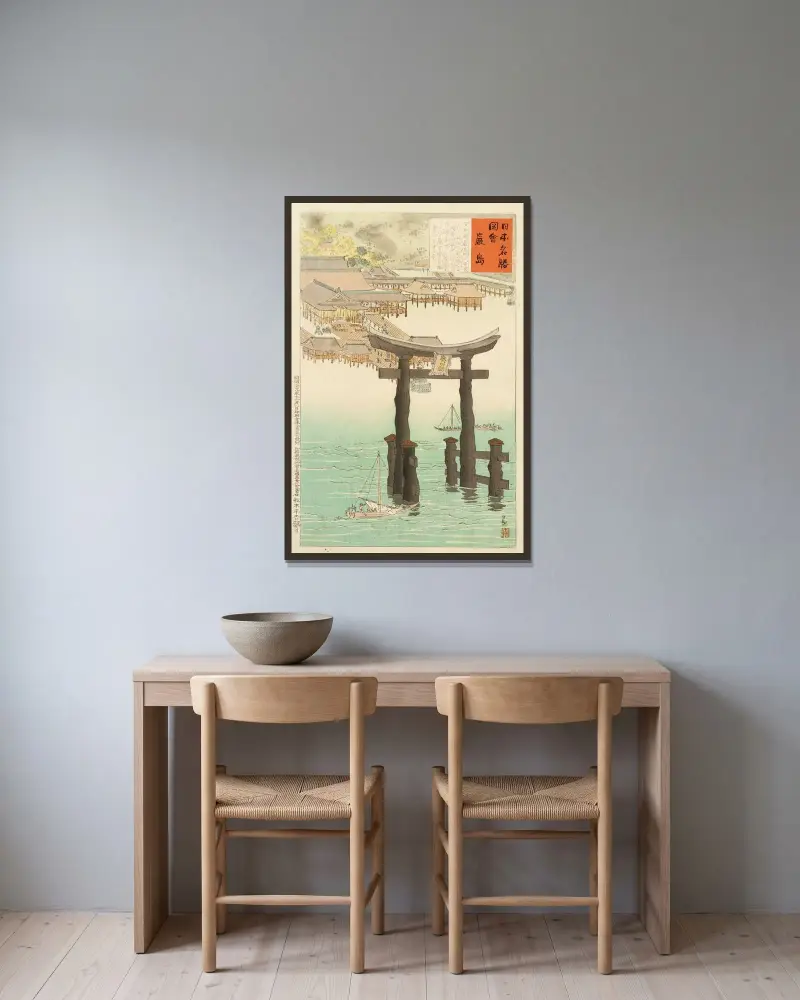 Itsukushima-helgedomen av Kobayashi Kiyochika inramad på en vägg